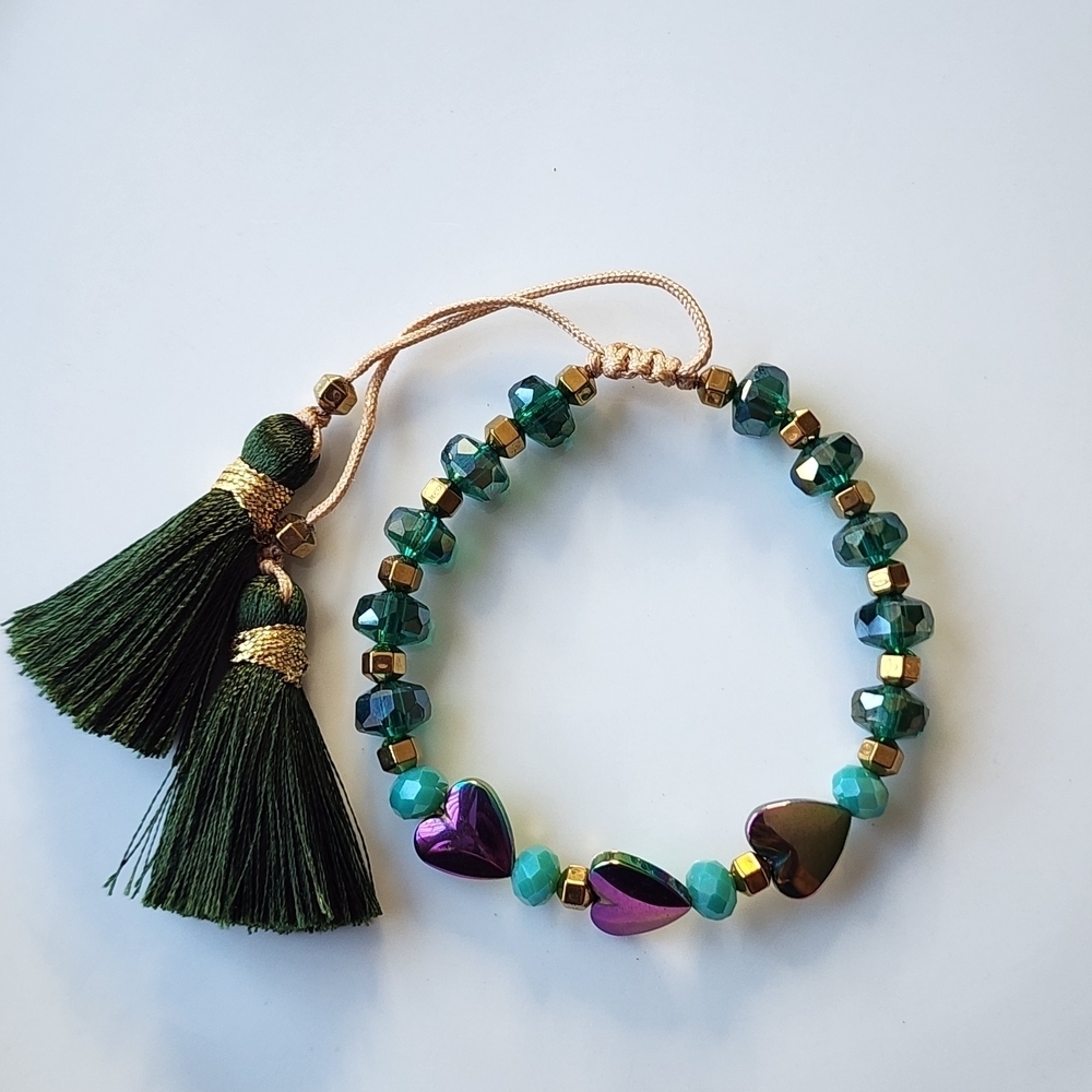 Elegant Green and Purple Beaded Bracelet with Tassels